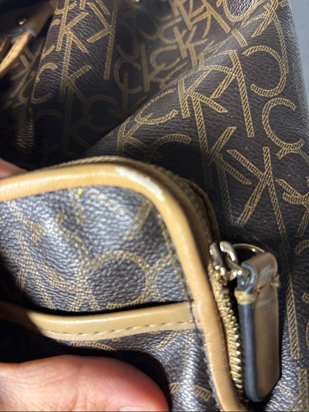 Calvin Klein Brown Monogram Backpack with Tan Trim missing Klein logo - Picture 4 of 12